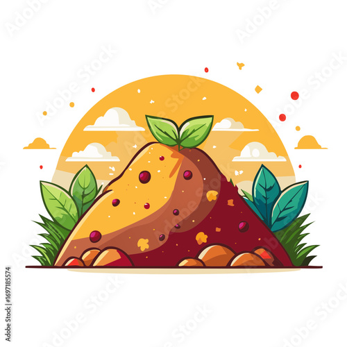 Stylized illustration of a healthy soil mound with a small green plant sprout and leaves under a bright sun and clouds