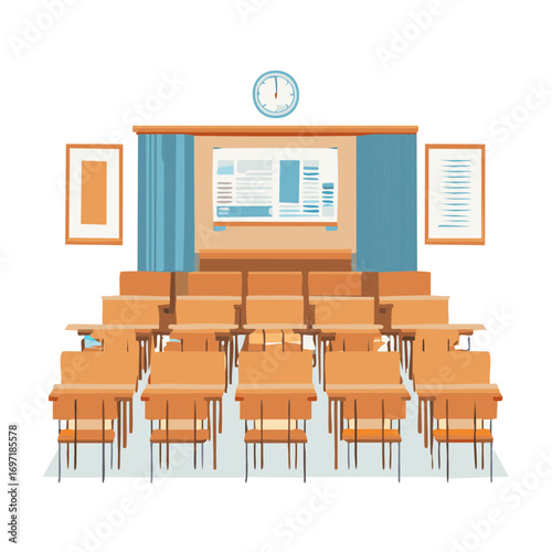 Empty lecture hall interior with arranged desks, board, and clock illustration