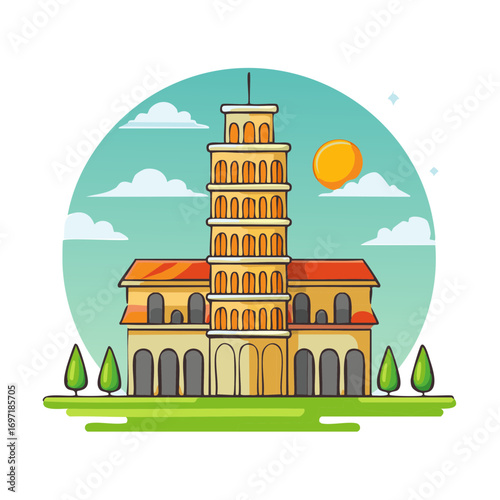 Cartoon Illustration of an Italian Architecture with a Leaning Tower and Sun