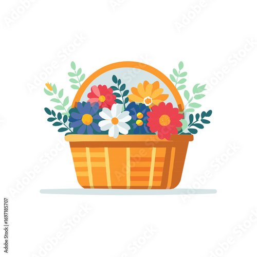 Wicker basket filled with a vibrant bouquet of colorful spring wildflowers and green leaves illustration.