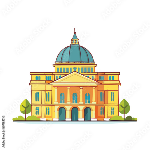 Bright Governmental Building Icon Illustration with Dome, Columns and Trees in Front on a White Background