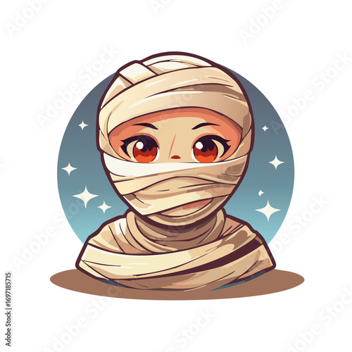 Illustration of a mummy with big red eyes in an oval frame with stars, Halloween concept