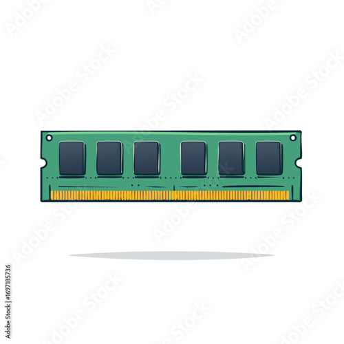 Green computer RAM memory module with gold pins and dark square chips