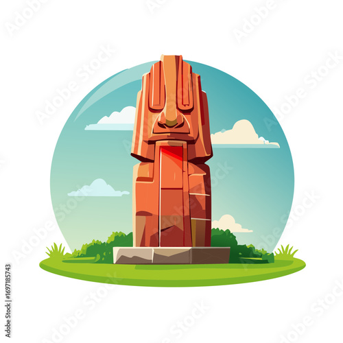 Ancient stone monolith with carved face on grassy island under blue sky with clouds