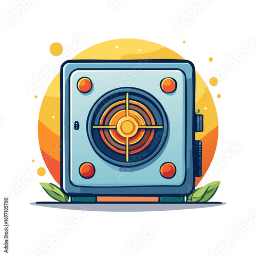 Vibrant computer power supply unit with prominent cooling fan and orange accents vector illustration