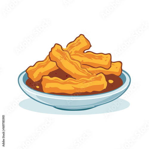 Traditional Asian Breakfast Youtiao Chinese Fried Dough Sticks in a Bowl Vector Illustration