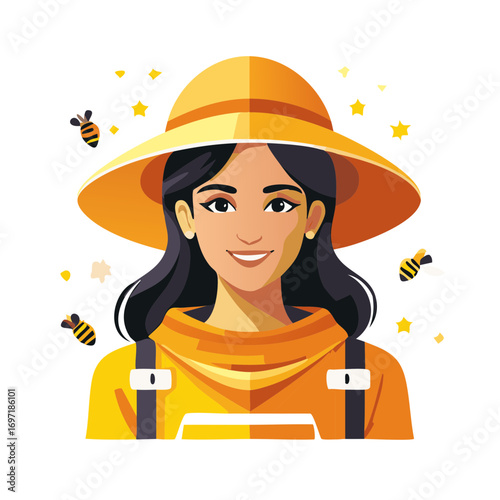 Female Beekeeper in Protective Clothing with Bees Flying Around, Vector Illustration