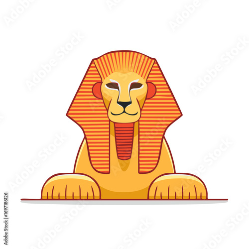 Stylized Sphinx Illustration in Yellow and Red with Traditional Headdress and Resting Paws