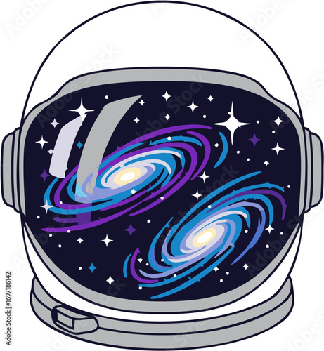Cosmic reflection of swirling spiral galaxies and brilliant stars in an astronaut's helmet visor