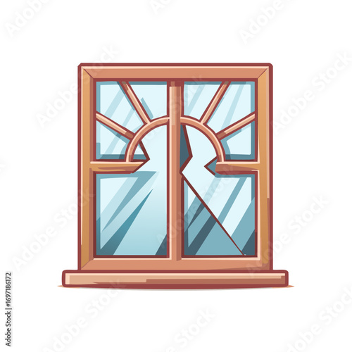Cartoon Cracked Window Frame with Glass Shattered after Accident or Break In