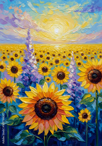 Vibrant impressionist artwork of endless sunflower meadow under colorful sunrise sky wall art