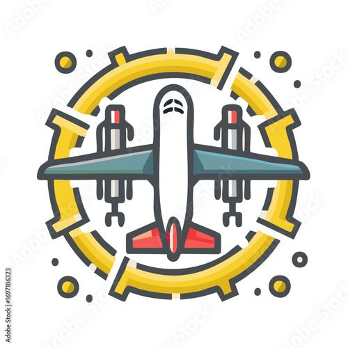 Aerospace engineering icon with an airplane inside a cogwheel representing aviation technology and manufacturing