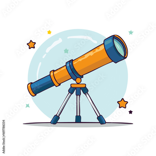 Cartoon illustration of a telescope aimed at the stars with a light blue bubble background