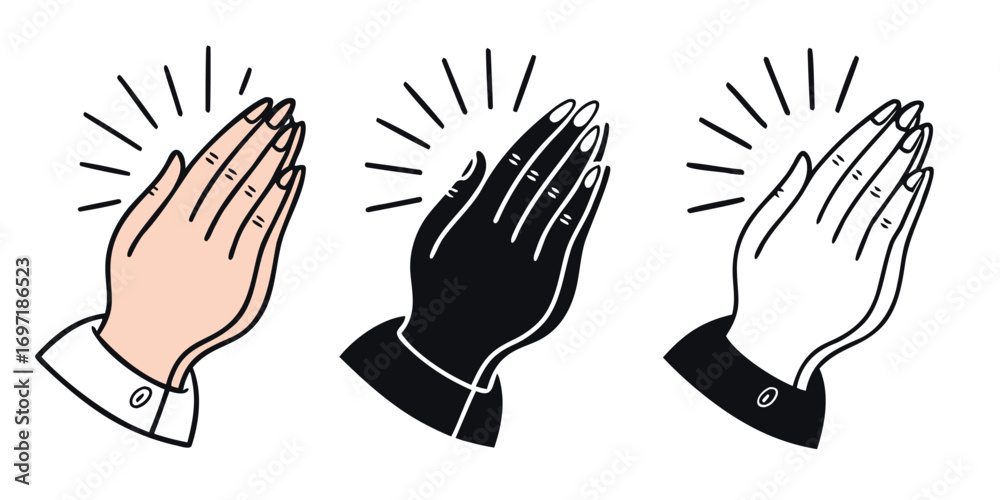 Fototapeta premium Three minimalist icons of praying hands in peach black and white praying hands icon prayer icon