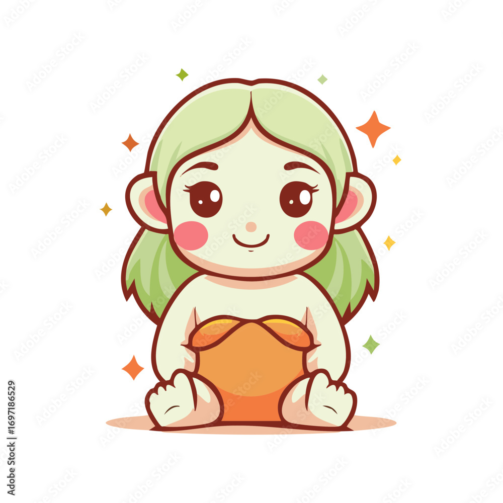 Fototapeta premium Sweet cartoon girl with green hair happily sitting and smiling with magical sparkles