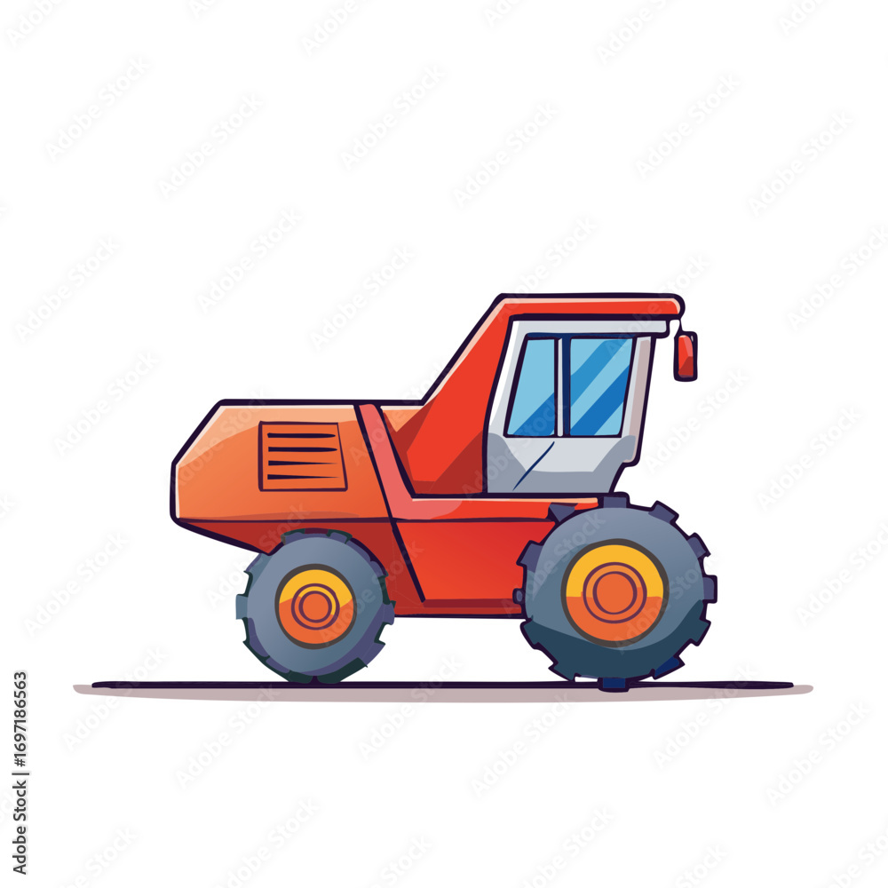Naklejka premium Illustration of a Red and Orange Tractor with Blue Windows and Gray Tires in Flat Design