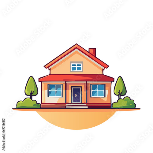 Illustration of a residential house with trees, isolated on white background