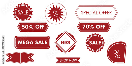 Collection of eighteen red sale badges and discount labels offer promotion