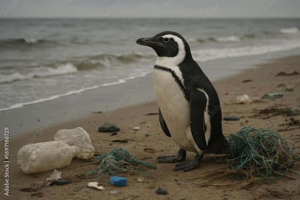 Fototapeta premium Lonely penguin standing on a littered beach surrounded by plastic bottles nets and debris wildlife conservation and ocean pollution environmental crisis concept