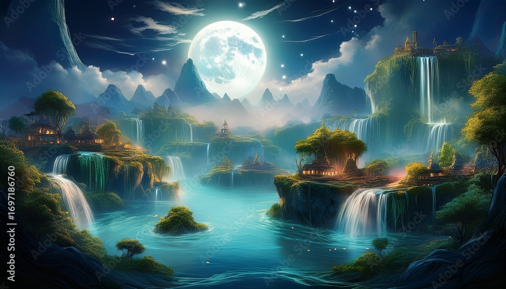 Fototapeta premium enchanting floating islands with waterfalls under a full moon in a misty night sky