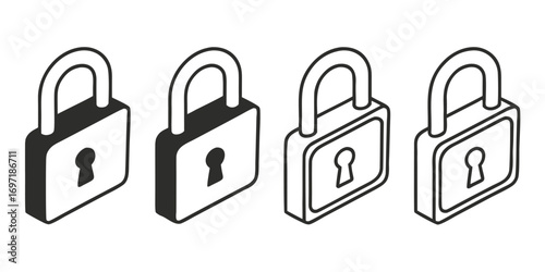 Four isometric padlock icons solid black and outline styles security