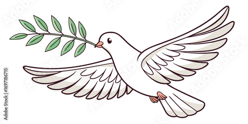 White cartoon dove flying with green olive branch in beak bird