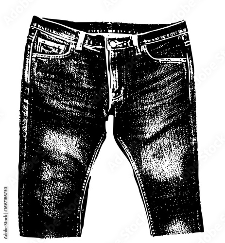 Vector Distressed denim jeans with rips and pockets.