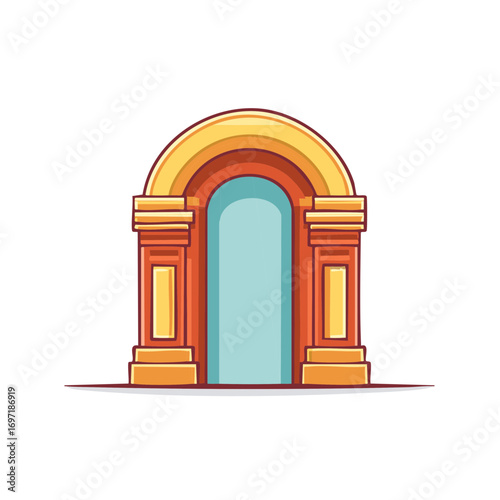 Cartoon illustration of a stylized archway with columns in orange and yellow colors