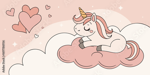 A cute baby unicorn with pink mane and tail rests on a fluffy pink cloud surrounded by hearts and sparkling stars