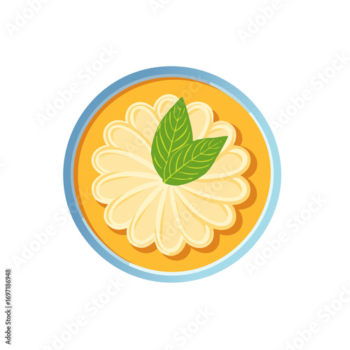 Stylized sweet dessert with decorative cream and fresh mint leaves in a bowl