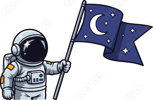Astronaut Planting a Moon Flag A Cartoon Illustration
