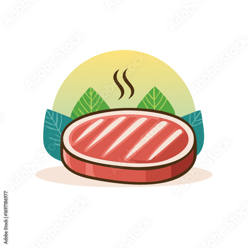 Grilled meat steak surrounded by decorative leaves and a sun element illustration