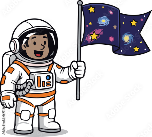 Cheerful cartoon astronaut in a spacesuit proudly holds a flag displaying vibrant galaxies, symbolizing cosmic exploration, discovery, and the wonders of the universe