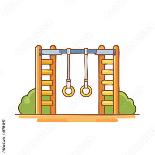 Cartoon illustration of a playground with gymnastic rings and ladders