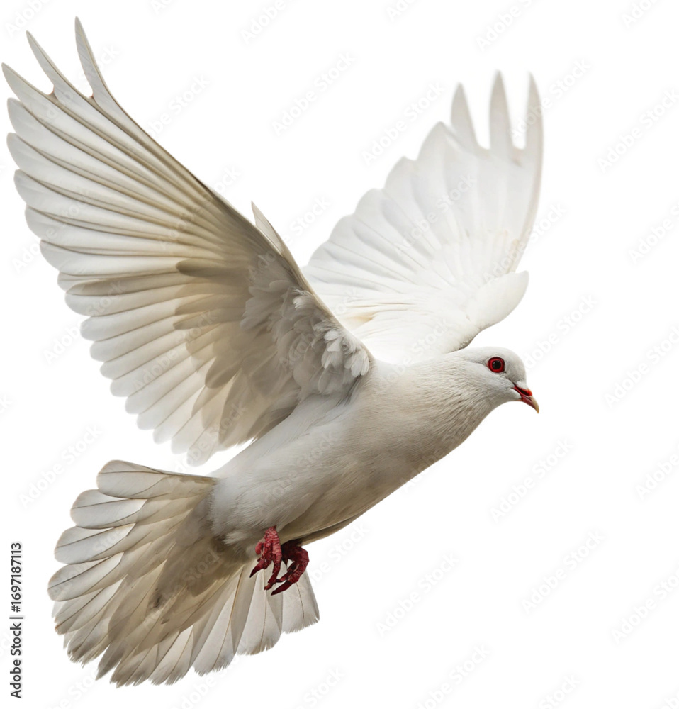 Fototapeta premium Graceful white dove soaring mid-flight, symbol of peace and freedom, capturing pure serenity. 