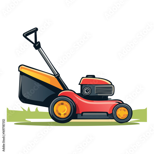 Lawn mower on green grass for yard maintenance and gardening work