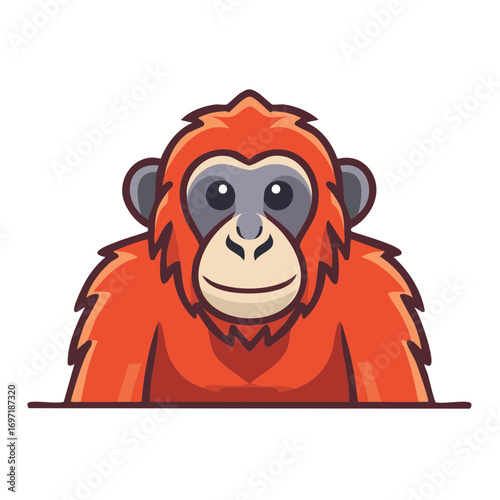 Cartoon orangutan vector graphic facing forward with orange fur and gray face and ears on white