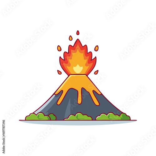 Stylized Volcano Erupting with Lava Flow and Fiery Ash Plume