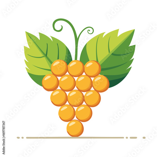 Stylized Yellow Grapes with Green Leaves Illustration Fresh Fruit Food Symbol