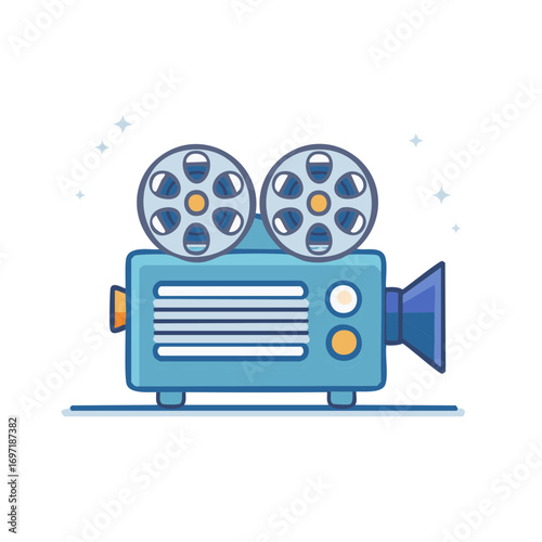 Retro movie projector with film reels and twinkling stars