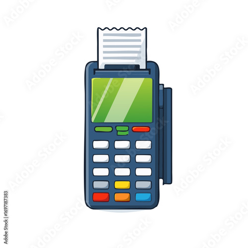 Cartoon payment terminal machine with receipt paper and colorful buttons for transactions