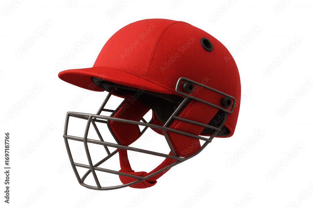 Fototapeta premium Cricket helmet featuring protective face guard, displaying red color scheme, resting on transparent backdrop