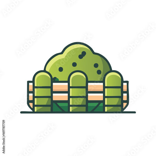 Minimalist landscape design icon with a green bush and wooden fence for a private garden or backyard