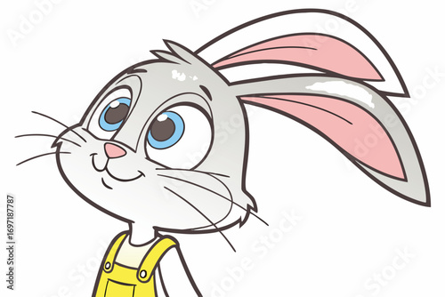 A cartoon rabbit character wearing yellow overalls with big blue eyes and pink inner ears bunny illustration