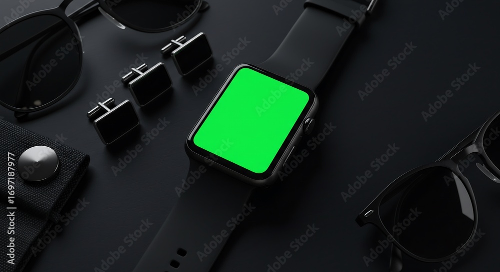 Smartwatch with bright green screen on sleek matte black surface styled with cufflinks and sunglasses, top-down flat lay mockup photography for luxury technology branding Smartwatch with bright green screen on sleek matte black surface styled with cufflinks and sunglasses, top-down flat lay mockup photography for luxury technology branding