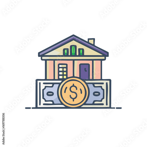 Home house on top of cash and coin with dollar symbol financial illustration
