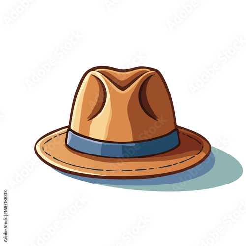 Classic Brown Fedora Hat with Blue Band Vector Cartoon Illustration