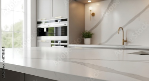 Matte white quartz countertop, blurred luxury modern kitchen background, lifestyle stock photo for premium home branding