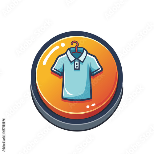 Cartoon polo shirt on a hanger inside a glossy orange button icon
