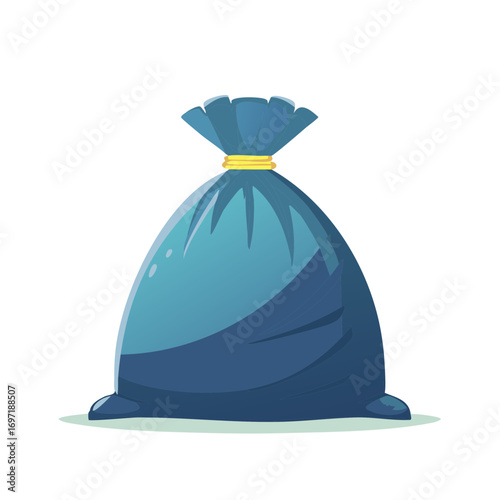 Stylized full plastic trash bag shows waste tied with a gold twist, waiting for disposal with garbage removal service.